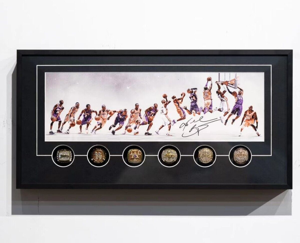 Kobe Bryant Framed Poster Wall Art Décor with 6 Replica Rings Display Set