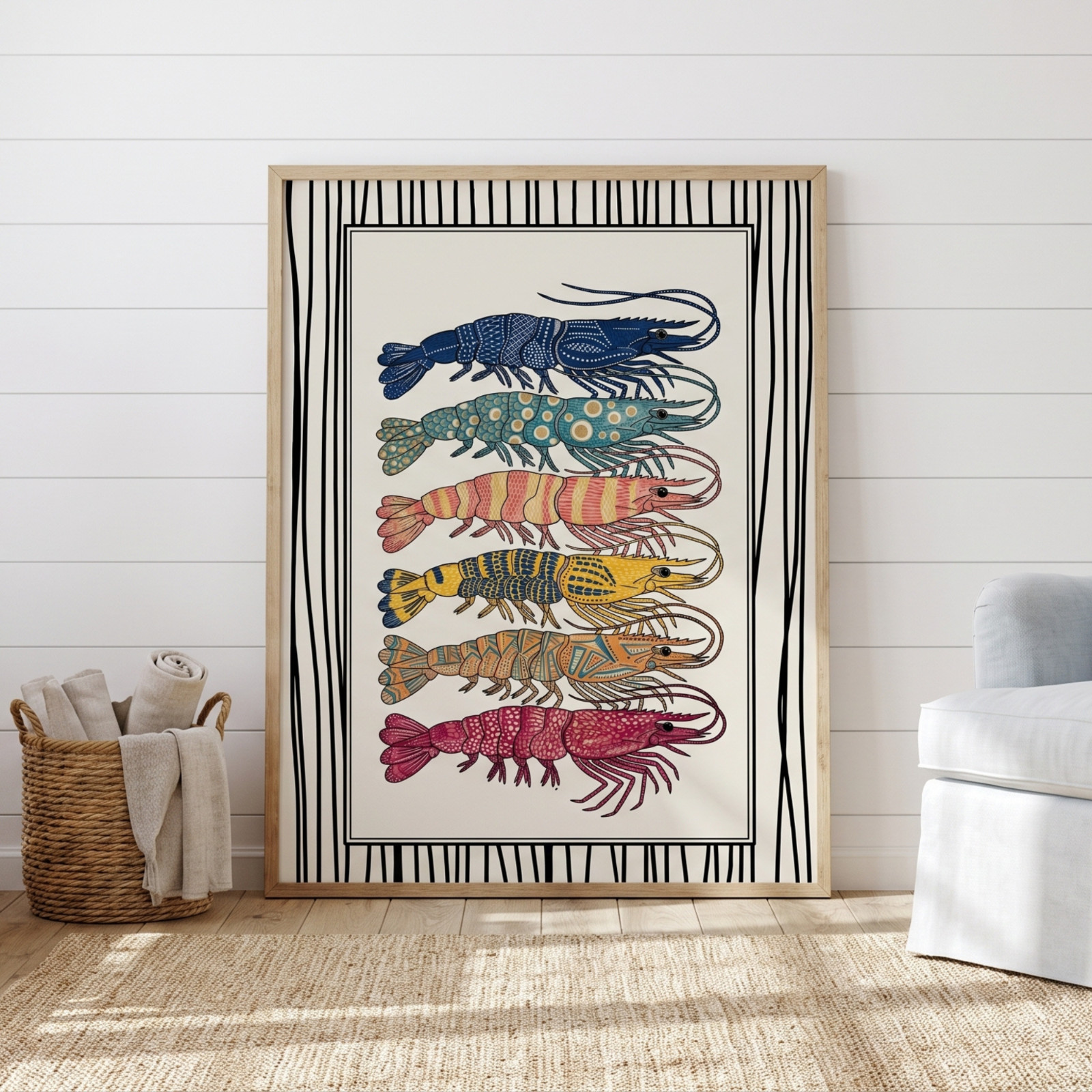 Japanese Prawn Poster Folk Art Colorful Lobster Sea Life Kitchen Wall Decor