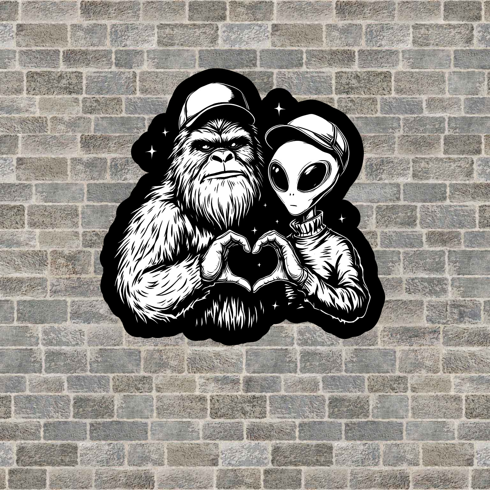 Bigfoot & alien sticker vinyl decal funny UFO heart sign we believe in you