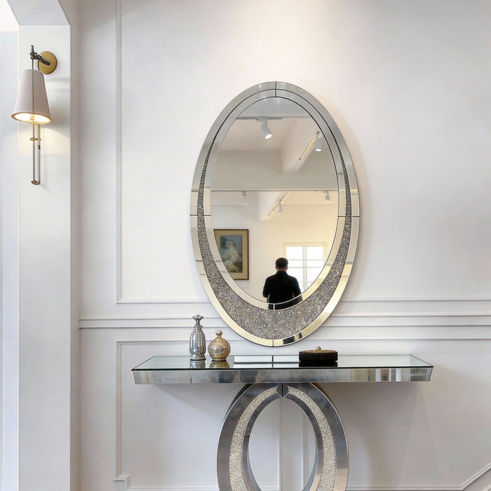 Oval Wall Mirror Crushed Diamond Inlay Sparkly Silver FramelessCrystal Accent