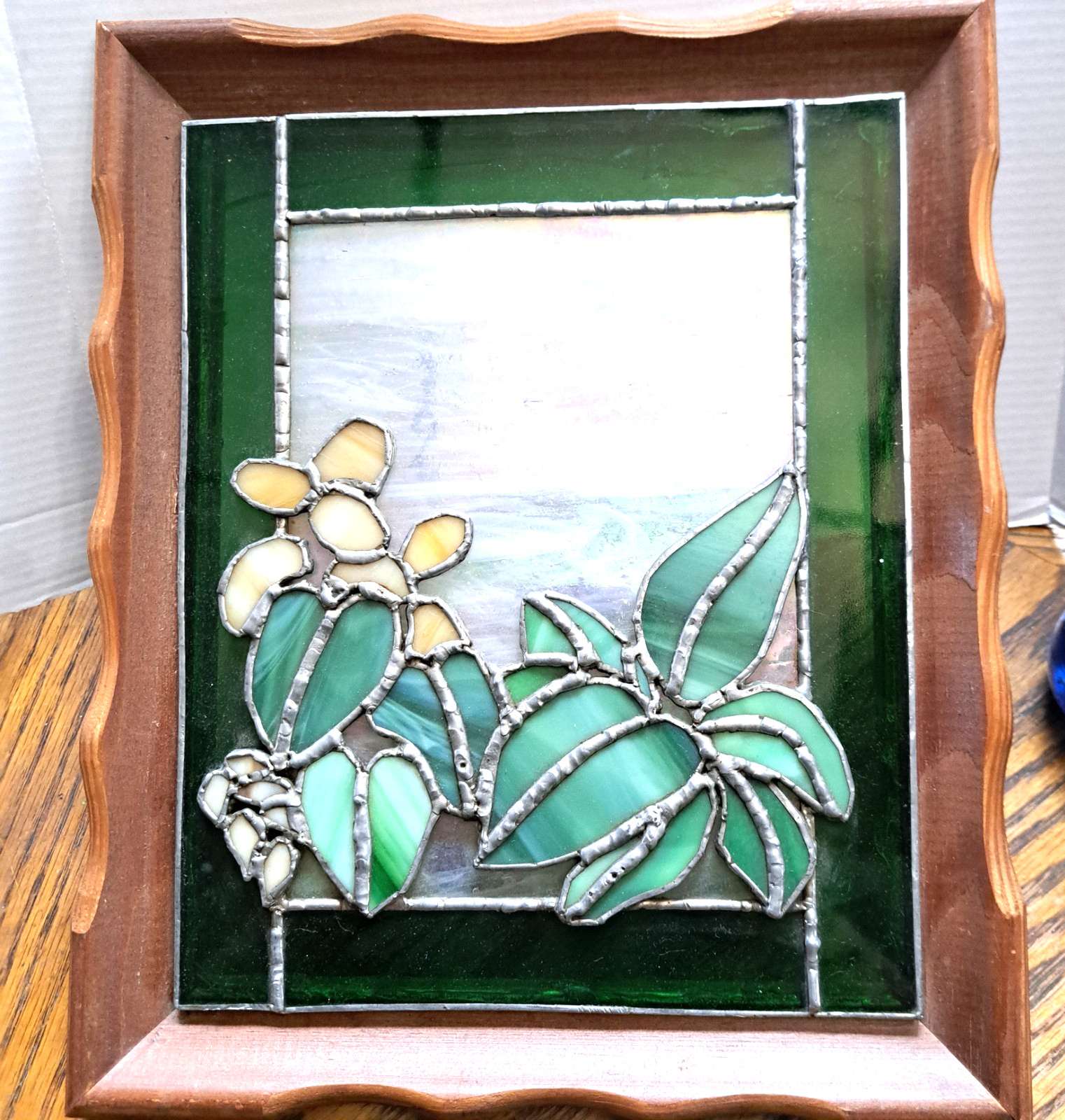 Stained Glass Leaves and Flower In Wood Frame 10” x 12”