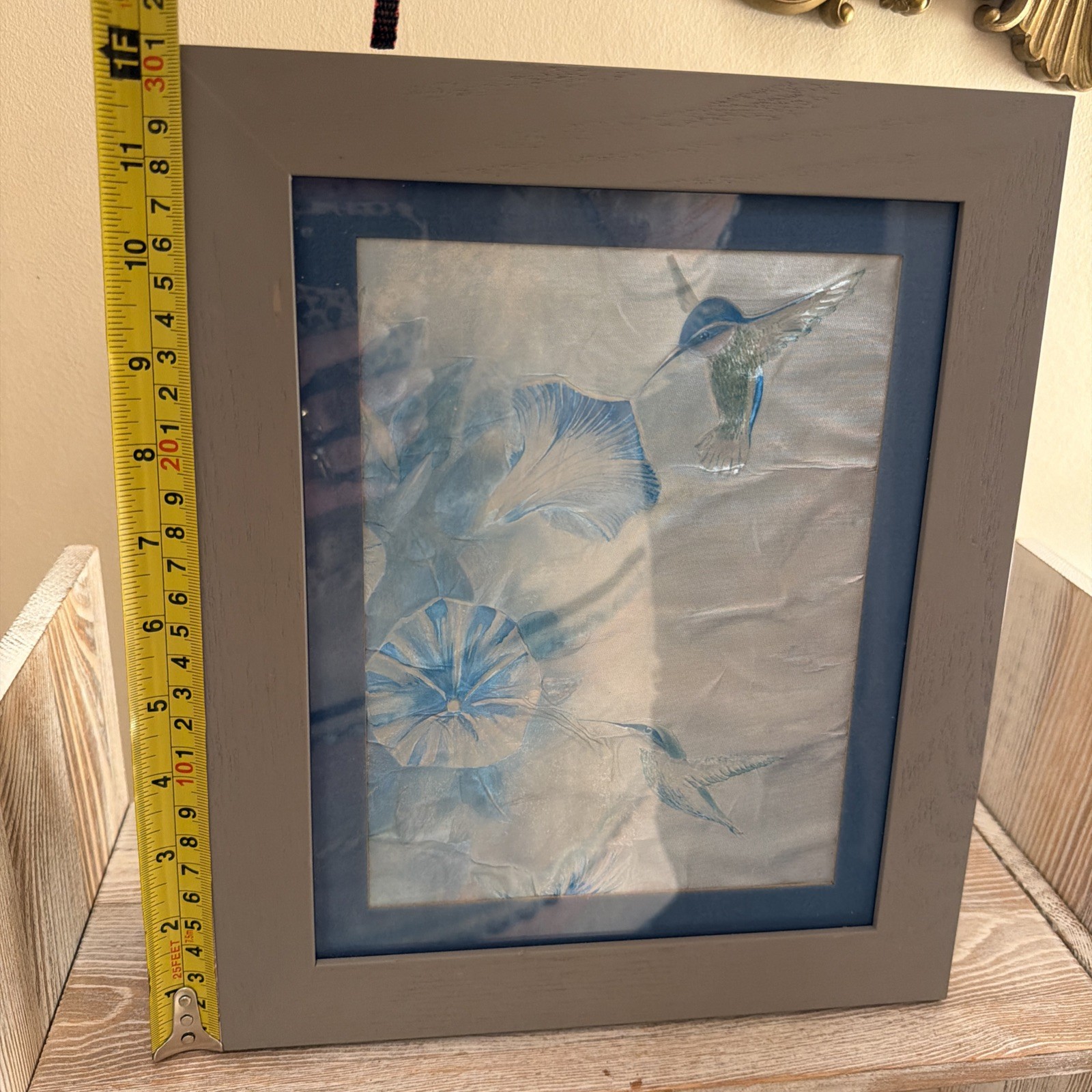 Framed Hummingbird Wall Table Art Blue Silver Floral Decor Modern Textured Print