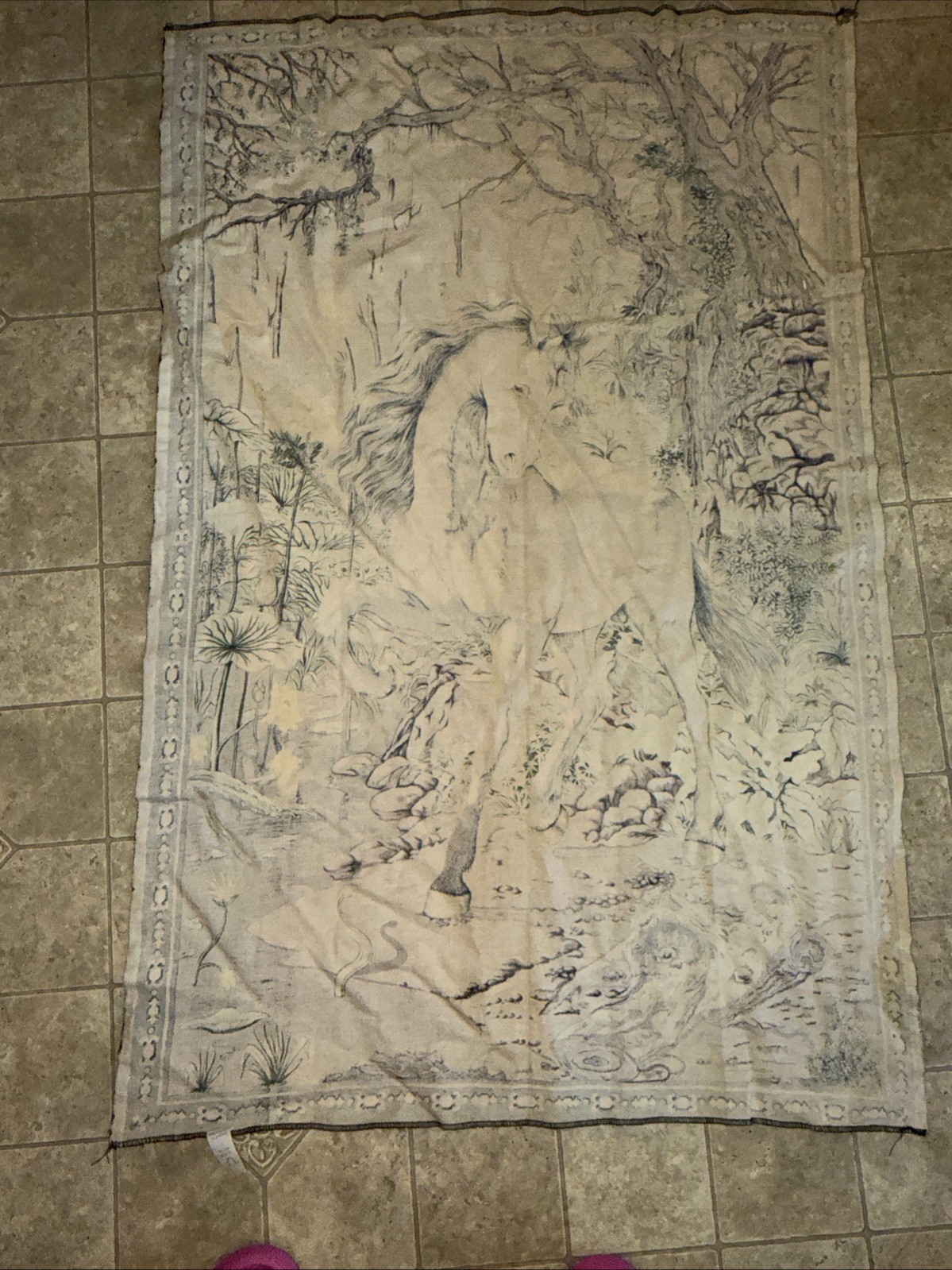 Vtg Unicorn Snake Fantasy A.T.C NY Tapestry Wall Hanging Flannel Turkey 53″X35″