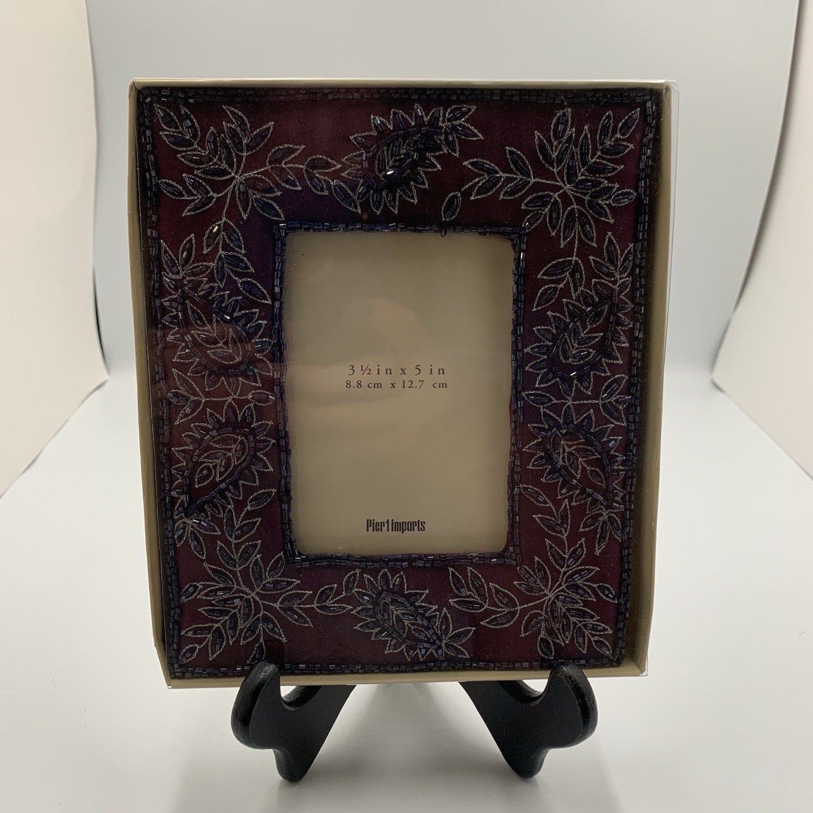 Pier 1 Eggplant Purple Floral Beaded Fabric 3.5×5″ Photo Frame NEW in Box