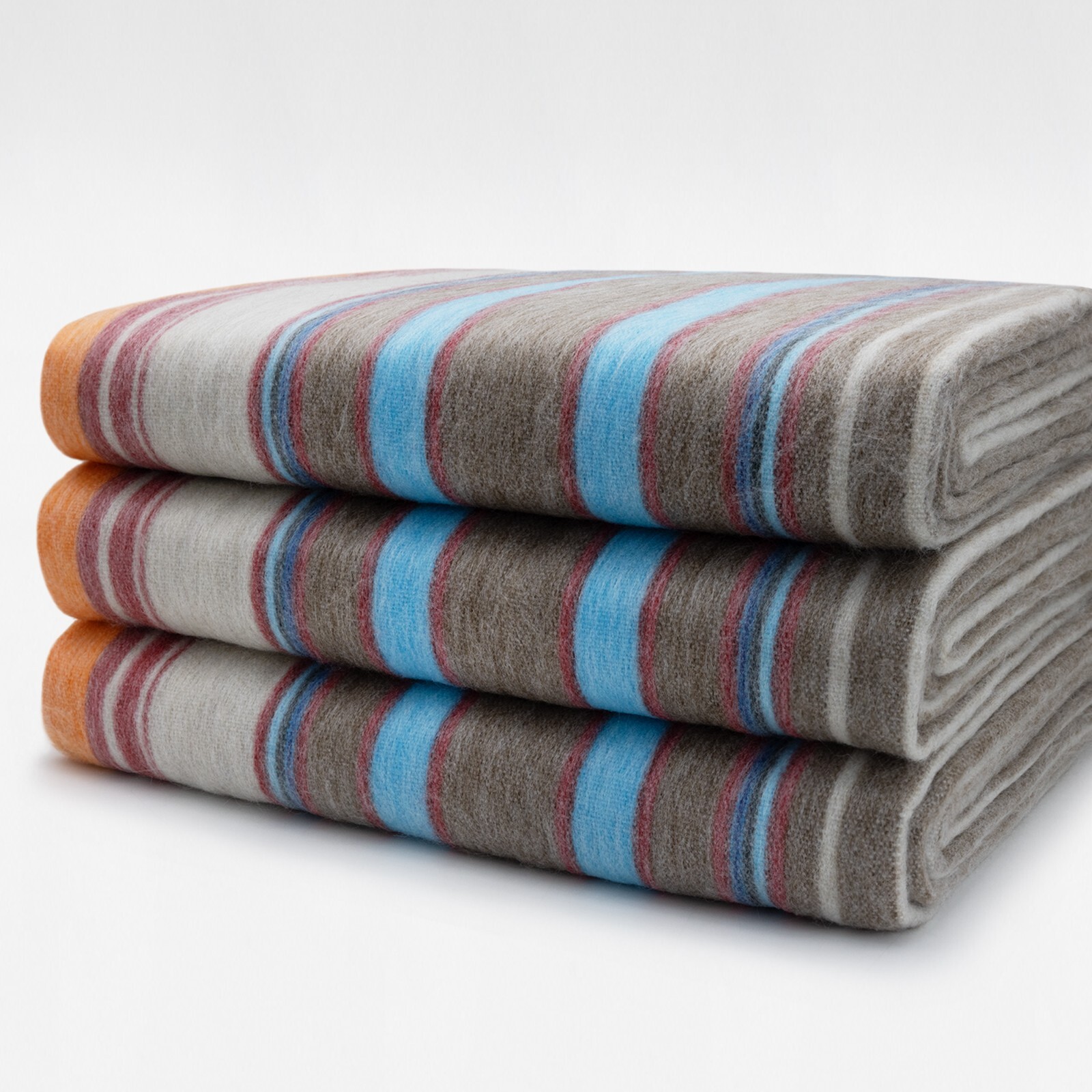 LUXURIOUS STRIPED ALPACA WOOL BLANKET 96×67 in MULTICOLOR ORANGE BLUE TAUPE
