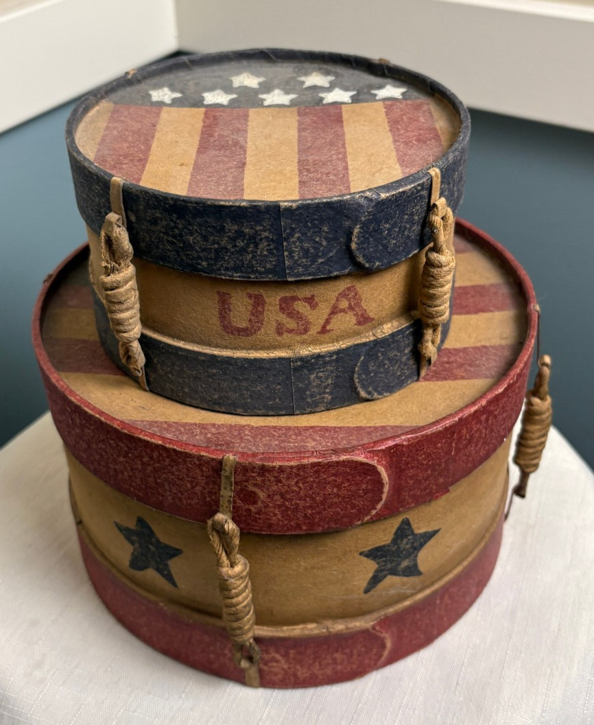 Lot of 2 Primitive Folk Art Americana Drum Boxes – Vintage Red White & Blue