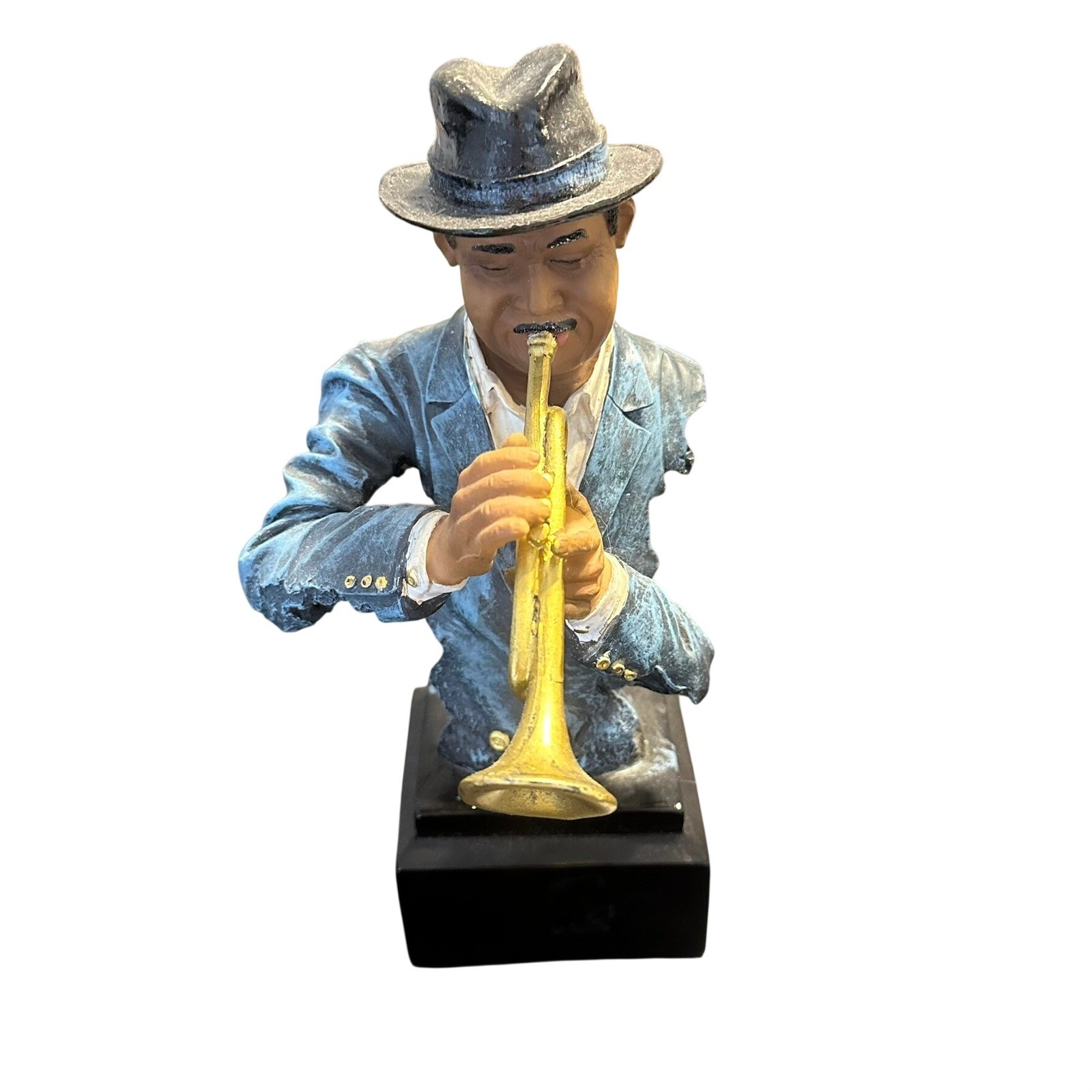 Vintage Jazz Trumpet Player Bust Figurine Musician Statue Blue Suit Fedora