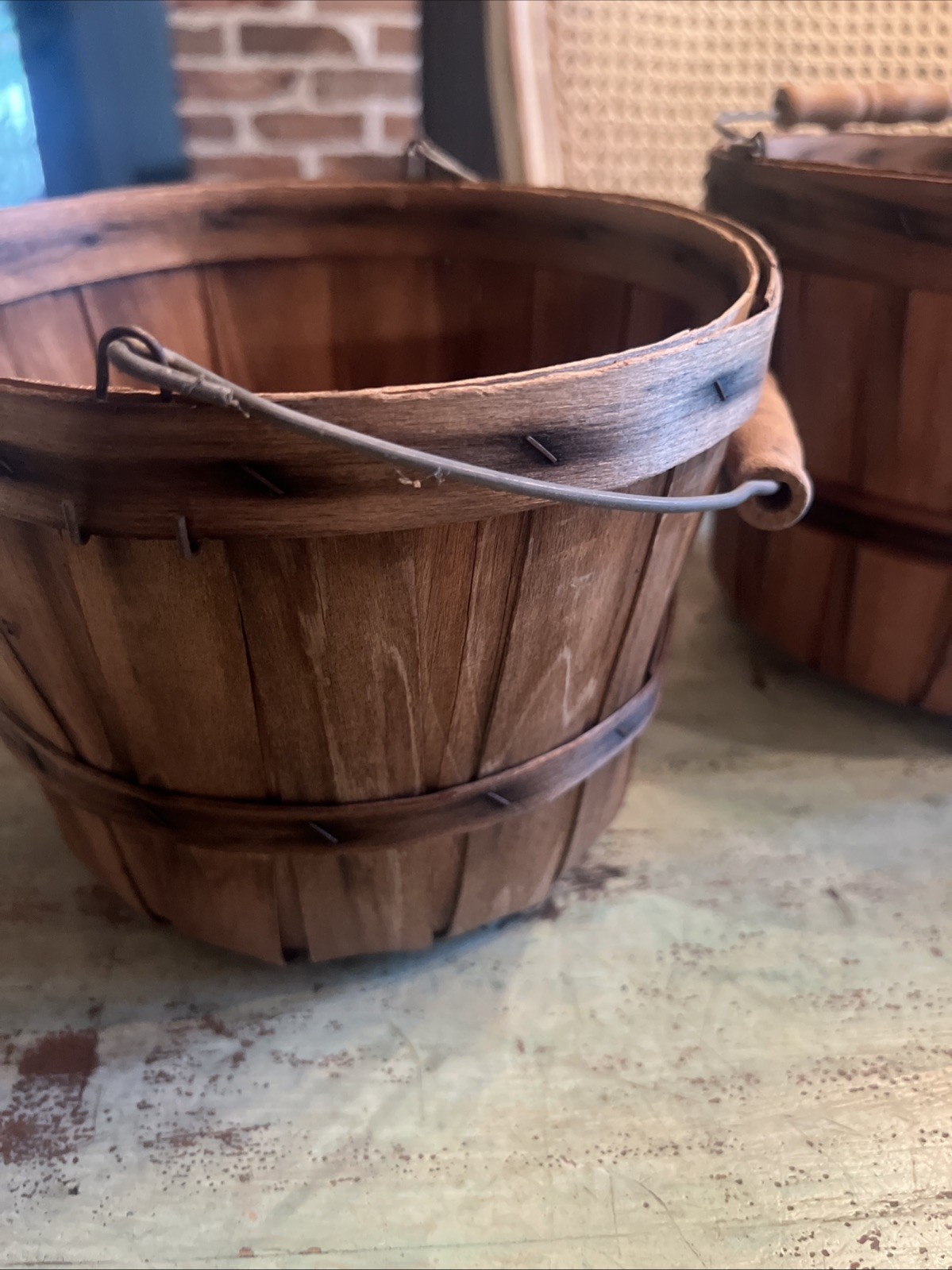 Set of 2 Vintage Wooden Berry Baskets Bentwood Primitive Farm Bucket Wire Handle