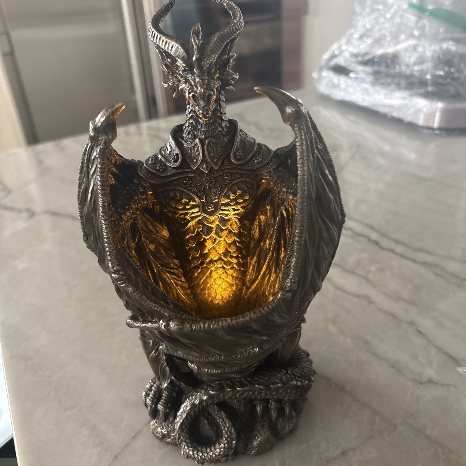 Stunning Cold Cast Bronze Armoured Dragon Led Night Light Statue New w Box Works
