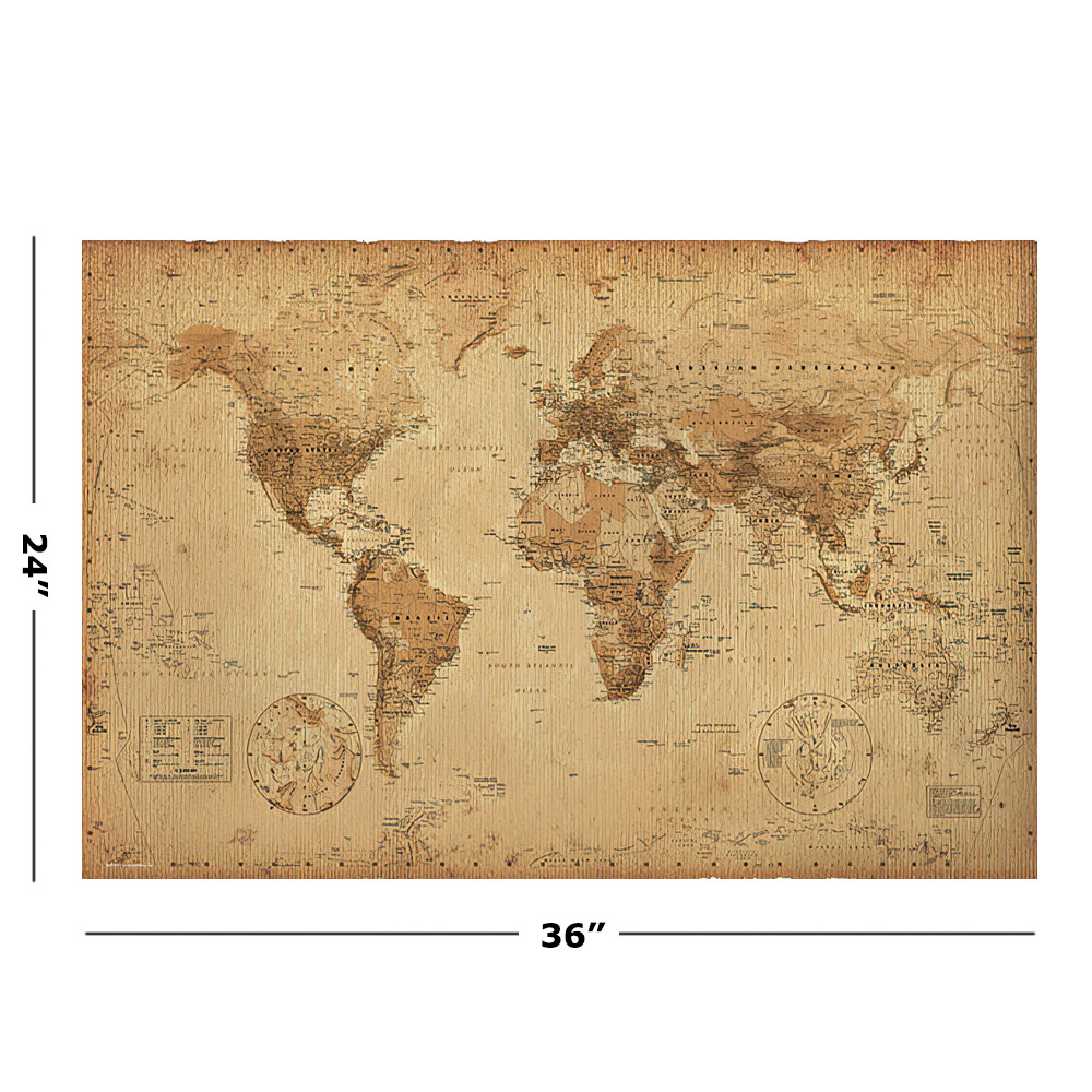 Antique Style World Map – Poster / Print (Size: 36″ X 24″) (Sepia / Brown)