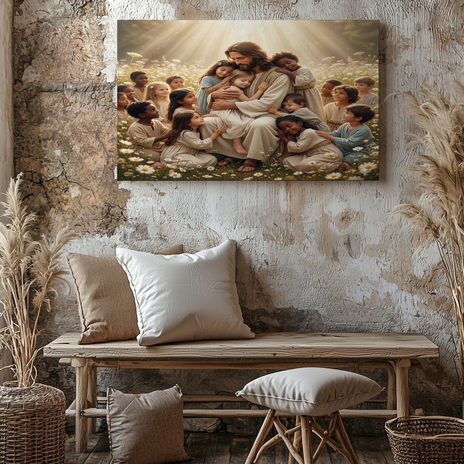 Jesus with Children Christian Inspirational Religious Faith Home Canvas Decor