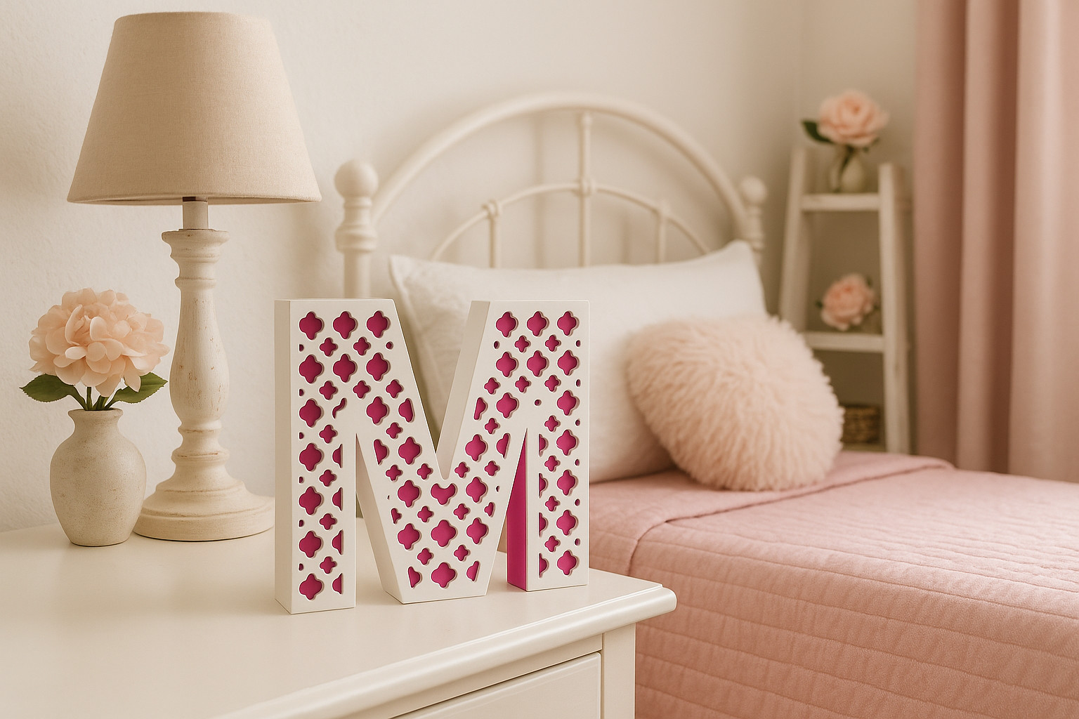 8″ Mongogram Letter “M” – Raised / Layered White & Pink Quatrefoil Cutout Design