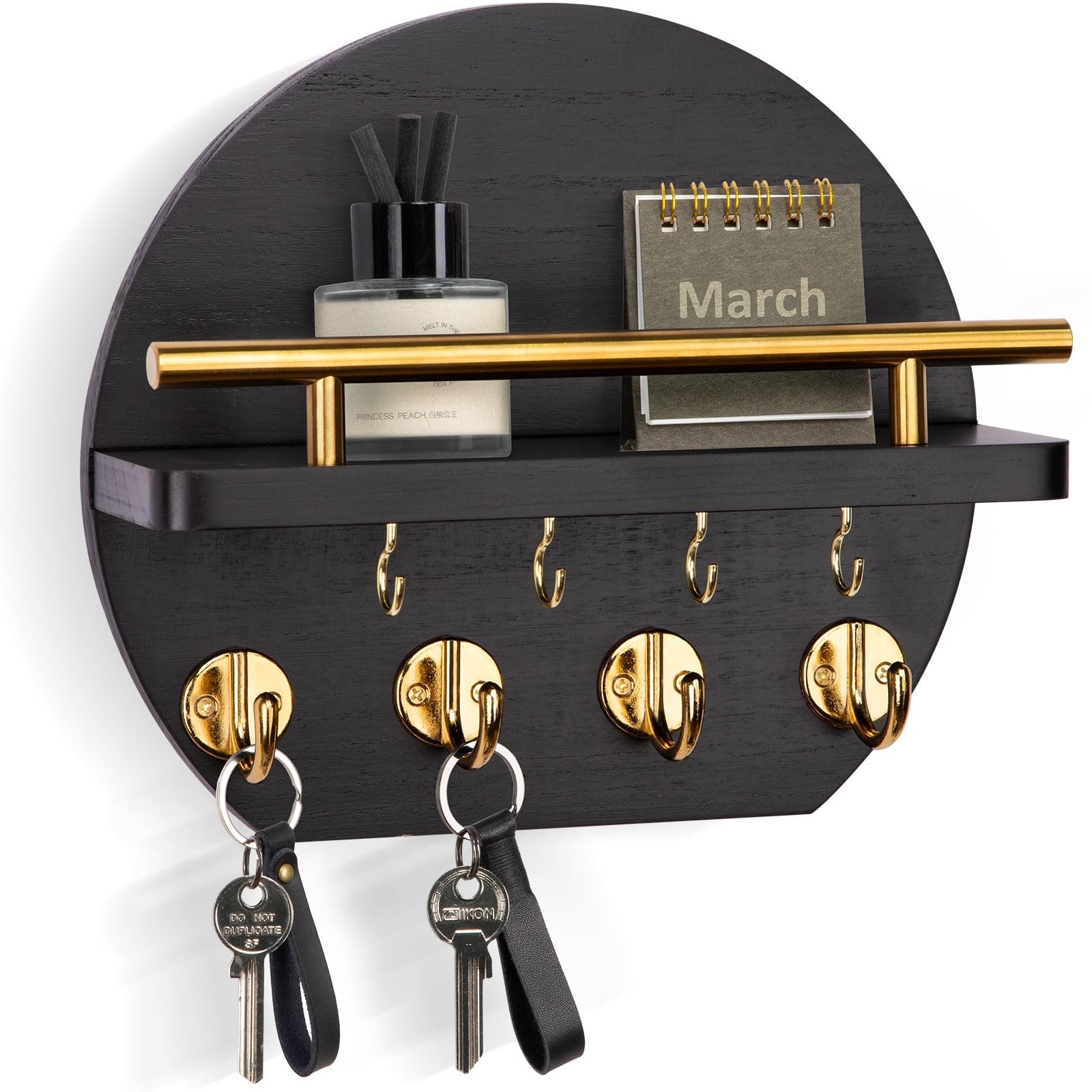9.8 Inch Circular Wood Key Holder Wall Decor Shelf 8 Golden Hooks Black