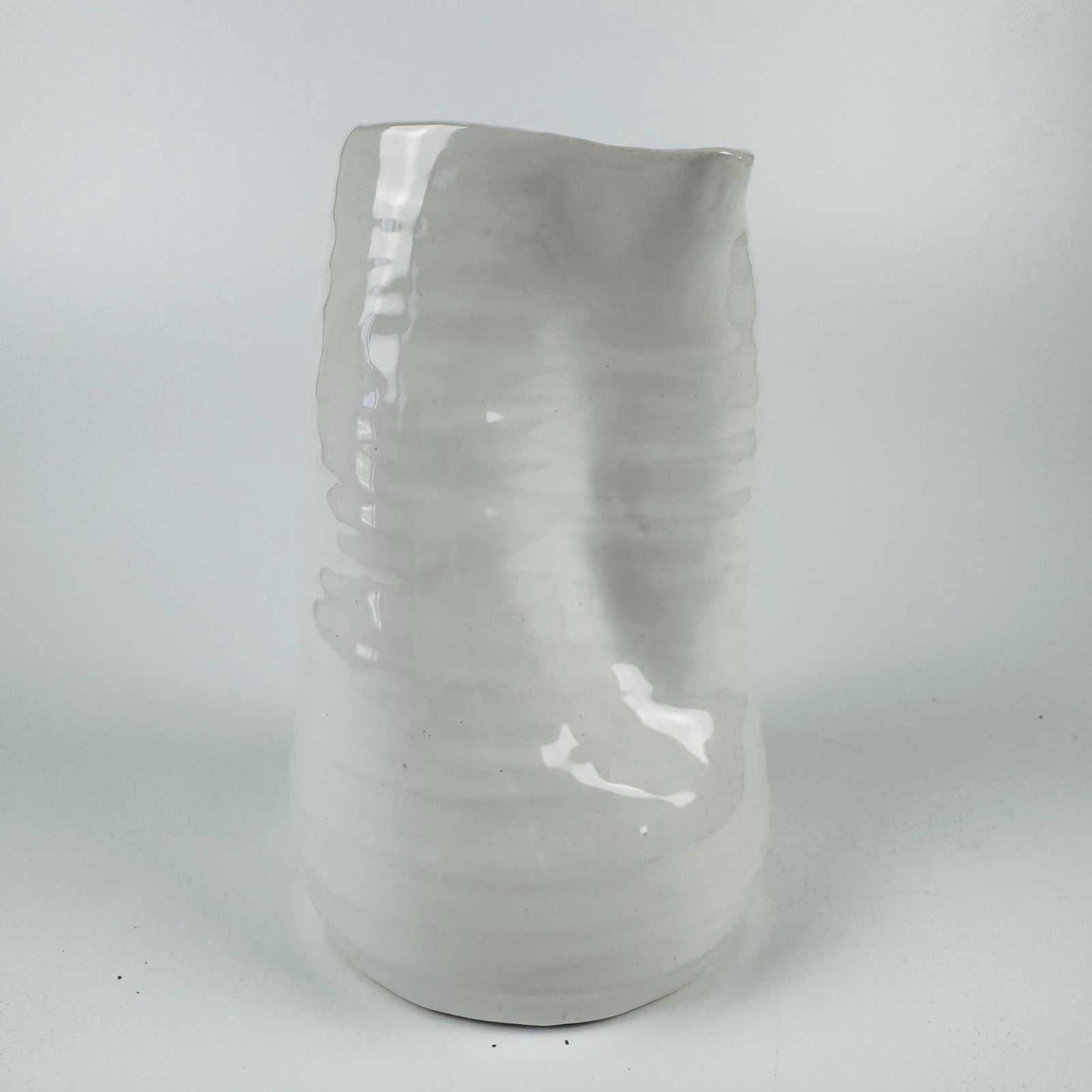 Glazed White Asymmetrical Ceramic Vase Farmhouse Pinched Sides 6” Tall