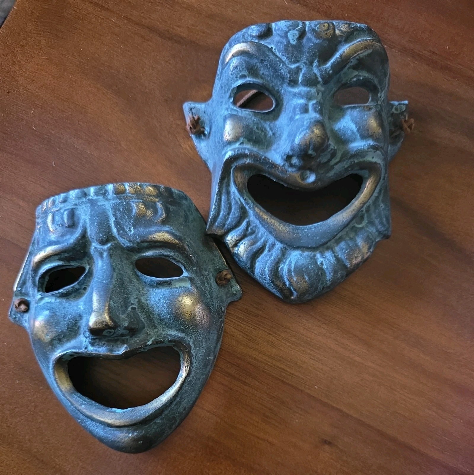 Vtg Cast Bronze Greek Style Theater Masks Wall Plaques Set of 2 Comedy & Tragedy