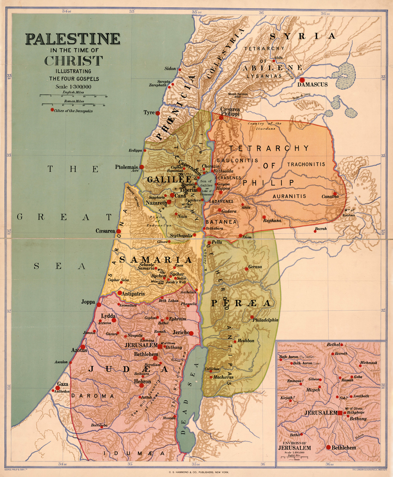 1916 Map Palestine in the Time of Christ Christianity Israel Wall Art Poster