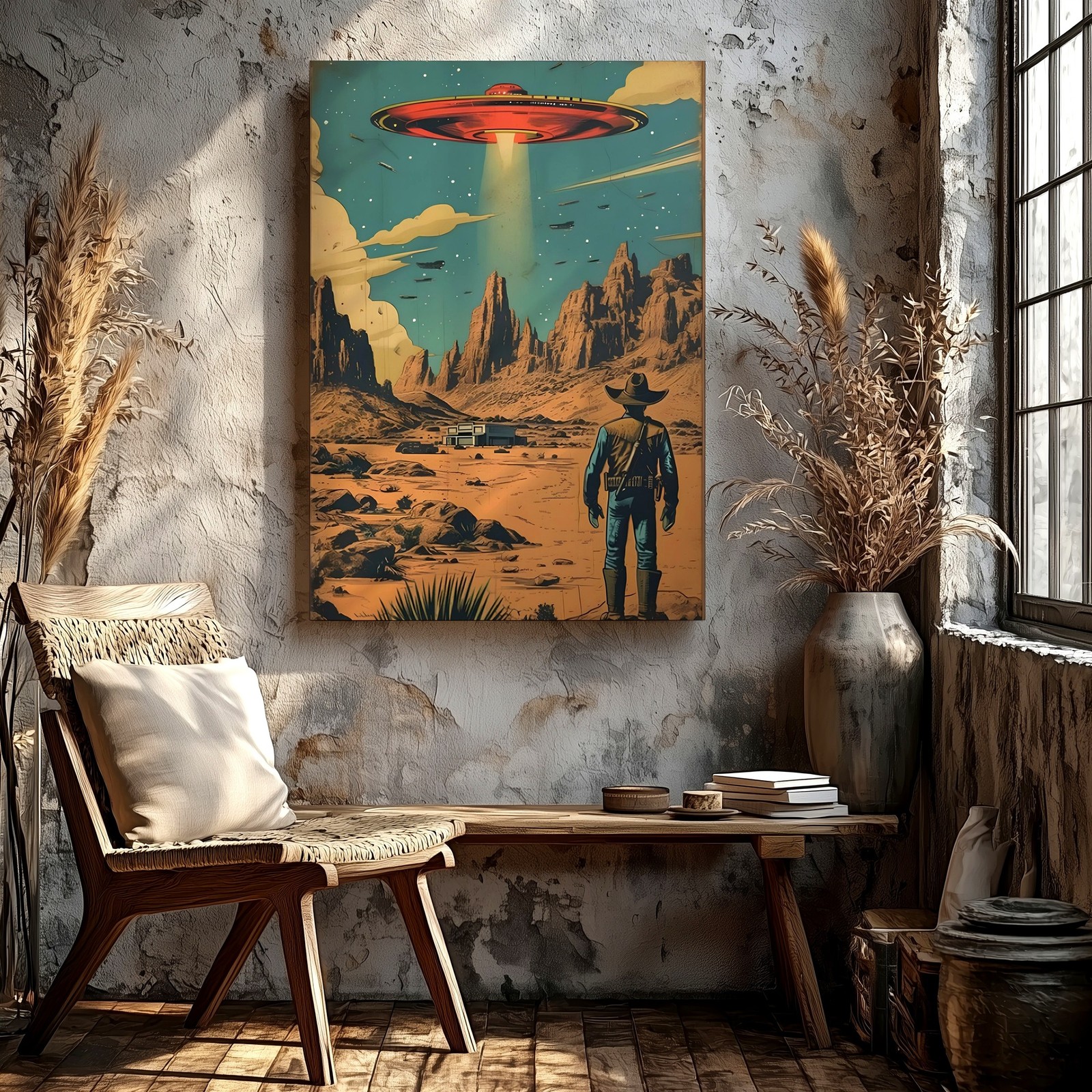 Wall Art Retro Sci Fi Desert Cowboy UFO Spaceship Poster Western Landscape Print