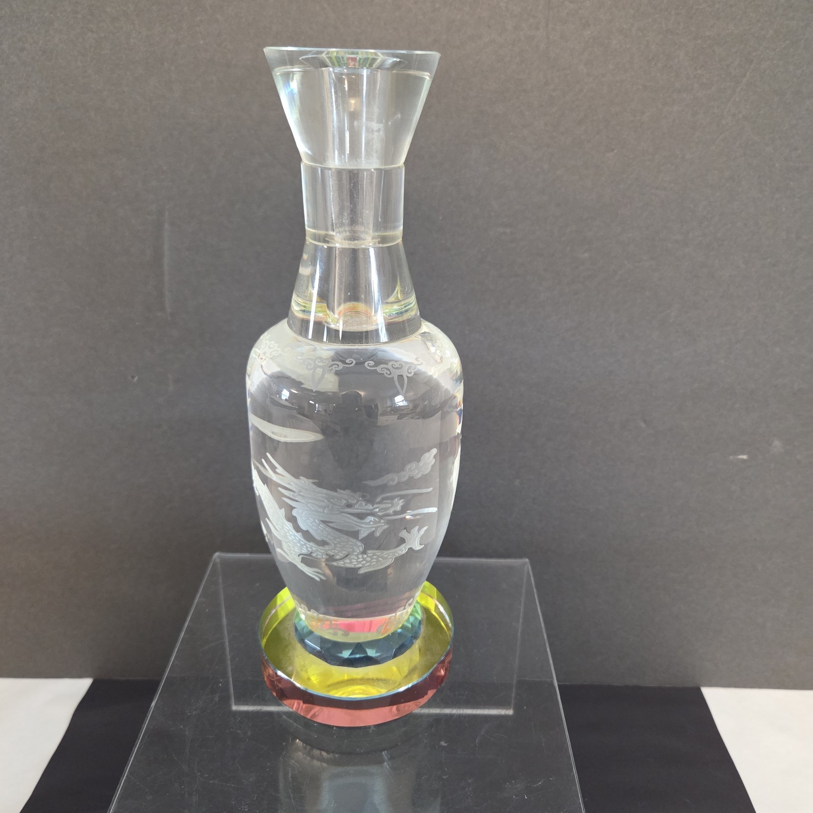 Heavy Embossed Etched Chinese Crystal Dragon Vase Colored Base 9 inches