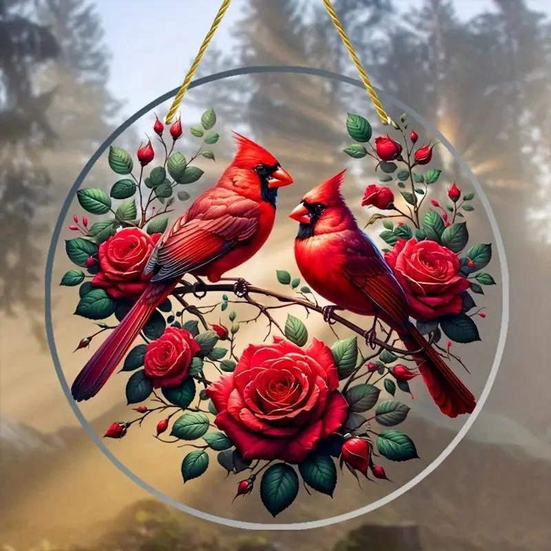 Acrylic Sun Catcher Red Cardinal Colorful Bird Flower Hanging Decor Home Garden