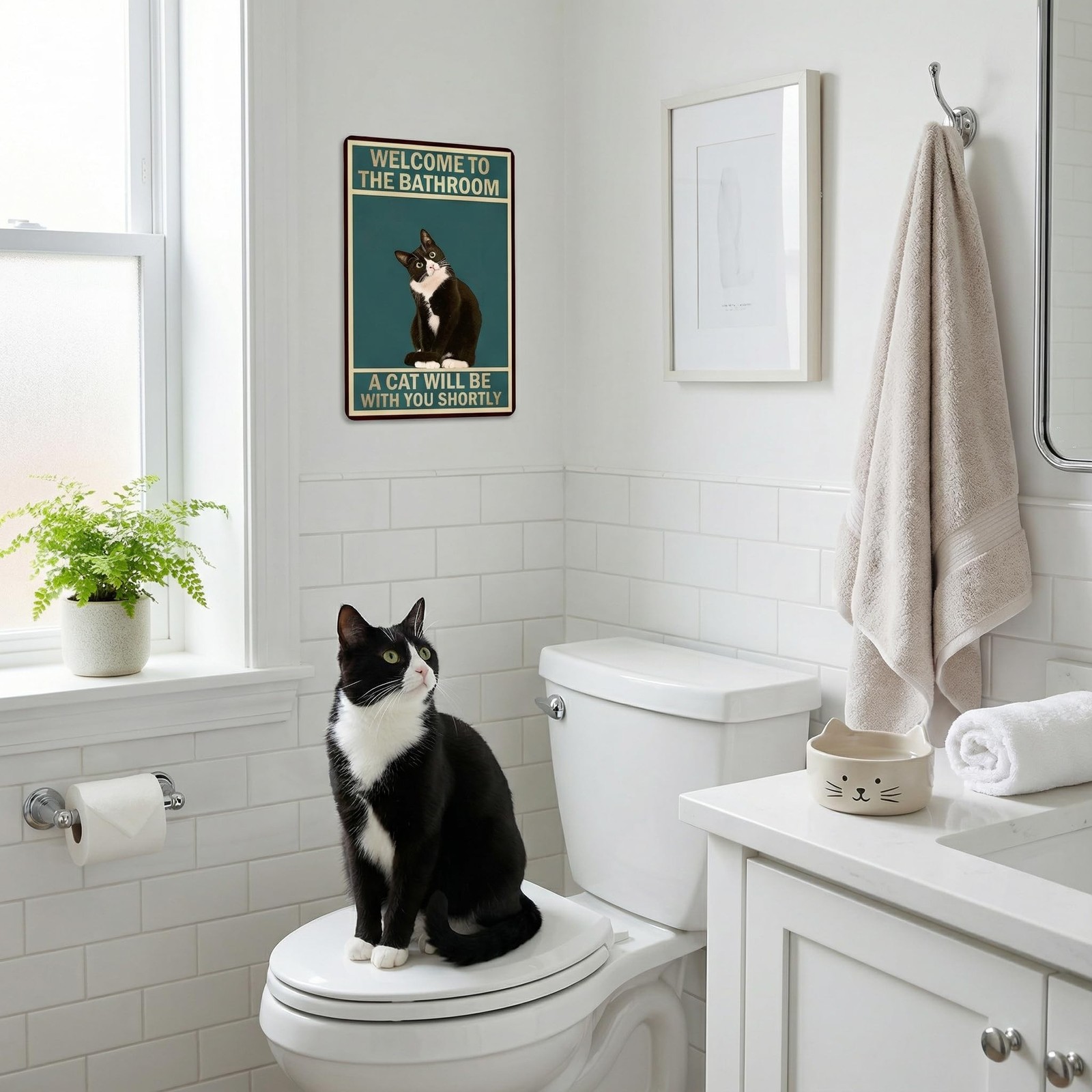 Funnysign Cat Lovers Gifts Welcome To The Bathroom A Cat Will Be with You Tin…
